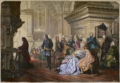 Kongen af Preussen Frederik II den Store (1712-1786) lytter til komponisten Jean Sebastian Bach, der spiller et hof, graverer efter et maleri af Kaulbach - Frederik II den Store, konge af Preussen, lytter til Johann Sebastian Bach ved orglet, Sanssouci af Hermann Kaulbach