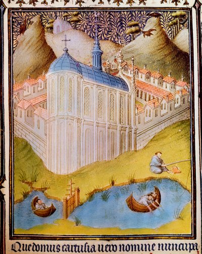 Karteusermunke netter og kroger fisk i fiskedamme ved Chartreuse, Frankrig, 1400-tallet af Hermann Limbourg