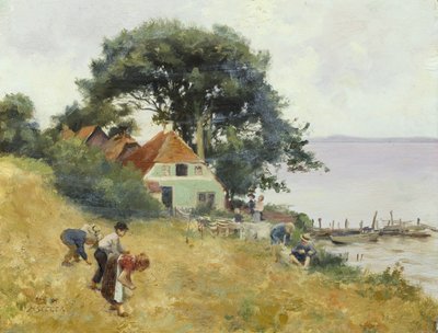 Børn, der samler ved en sø, ca. 1900-10 (olie på panel) af Hermann Seeger