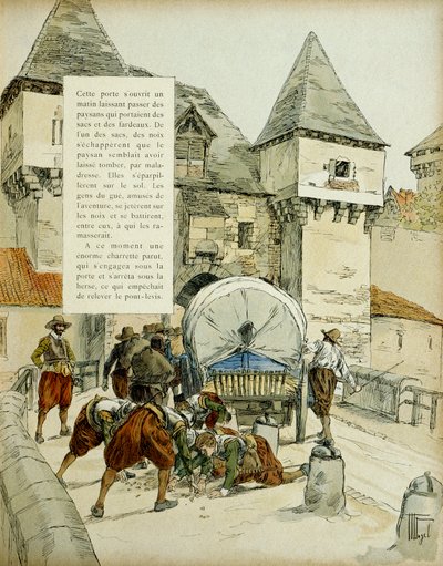 Amiens surprise. The Spaniards used a trick to take the city of Amiens, 11 March 1597 by blocking the harrow with a cart. Illustration, 1907, by Hermann Vogeldani af Hermann Vogel