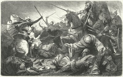Kristne kæmper mod almohaderne i slaget ved Las Navas de Tolosa, Spanien, 1212 af Hermann Vogel