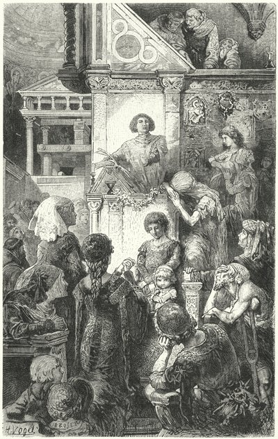 Giovanni Boccaccio reciterer Dantes guddommelig komedie for befolkningen i Firenze, 14. århundrede af Hermann Vogel