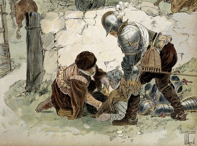 Henri IV (1553-1610) såret under en rekognosering på Aumale mod Mayenne-hæren. Illustration af Hermann Vogel (1856-1918) i “” Henri IV ”” af Hermann Vogel