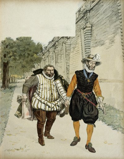 Henrik IV (1553-1610) og Charles de Lorraine, hertug af Mayenne (1554-1611). Første forsonende interview mellem de to fjender, Mayenne, leder af legueurs og kongen, i haverne ved Chateau de Montceaux, i Brie, i 1596. Illustration. af Hermann Vogel