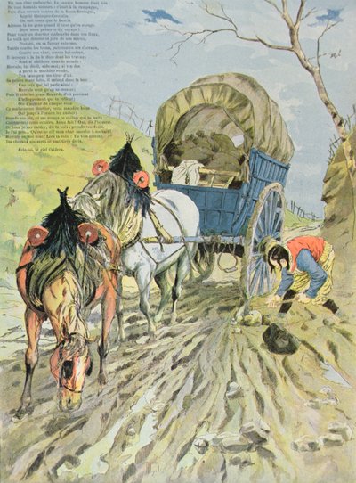 Vognen fast i mudderet, fra Fables af Jean de La Fontaine (1621-95) 1888 (farvegravering) af Hermann Vogel