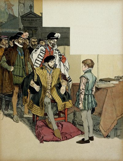Kongen af Frankrig Henri II (1519-1559) omgivet af sine herrer kan godt lide at stille spørgsmålstegn ved Henrik IV (1553-1610) som et barn for hans skyld. Illustration af Hermann Vogel (1856-1918) i "" Henri IV"" af Hermann Vogel