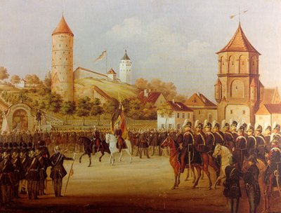 Hermann Volz Parade af Biberach-militsen ved Riedlinger Tor i 1849 af Hermann Volz