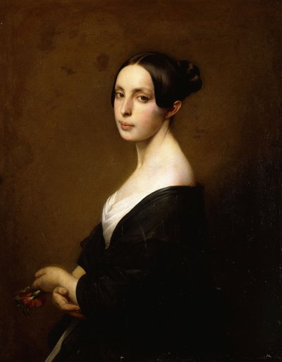 Portræt af en dame, halvlængde iført en sort kjole og holder en nelliker, af Hermann Winterhalter