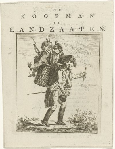 Sangark og tegnefilm med soldater Tegnefilm om Willem V Købmanden i Landzaaten (titel på objekt) af Hermanus Fock