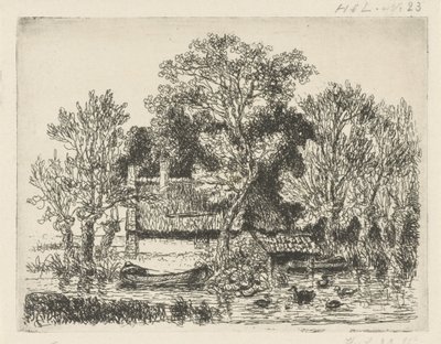 Udsigt over floden med en pram og ænder af Hermanus Jan Hendrik van Rijkelijkhuysen