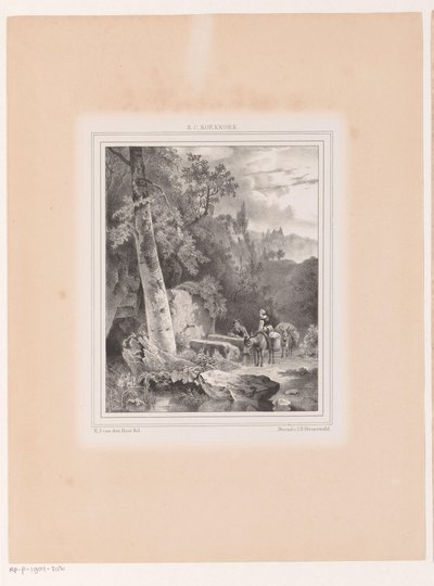 Landskab med en mand, kvinde og to æsler ved en brønd af Hermanus Johannes van den Hout