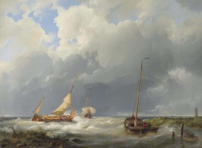 Kystscene med fiskefartøjer af Hermanus Koekkoek