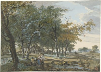 Landskab med et hus mellem træer og en vej langs marker af Hermanus van Brussel