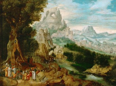 Paysage avec Saint Jean Baptiste prechant - Landskab med Johannes Døberens prædiken, af Herri met de Bles (Henri Bles) (1510-1550). Olie på træ, ca 1535-1540. Mål: 29x39 cm. Kunsthistorisk Museum, Vienne af Herri met de (c.1510 p.1550) Bles