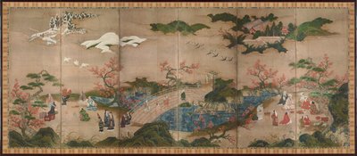 Tilskuerne til Erables (Ahorn-seere) - Paravent i seks paneler - Værk af Kano Hideyori (aktiv 1565-1576), akvarel og blæk på papir - Japansk kunst af Hideyori Kano