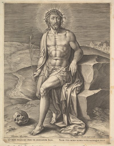 Kristus sidder på den kolde sten, før ca. 1586. af Hieronymous Wierix