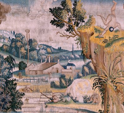 flamsk gobelin. Serie fire gobeliner efter Hieronymus Bosch. Sankt Antonius i bøn (San Antonio en oración). Andet gobelin i serien. Model Inspireret af Hieronymus Boschs arbejde. Fremstilling Ukendt værksted, Bruxelles. Før 1560. Stof Go af Hieronymus (after) Bosch