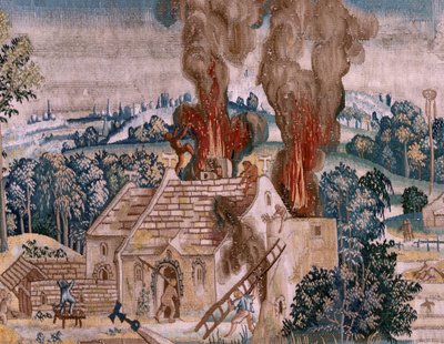 flamsk gobelin. Serie fire gobeliner efter Hieronymus Bosch. Sankt Antonius i bøn (San Antonio en oración). Andet gobelin i serien. Model Inspireret af Hieronymus Boschs arbejde. Fremstilling Ukendt værksted, Bruxelles. Før 1560. Stof Go af Hieronymus (after) Bosch