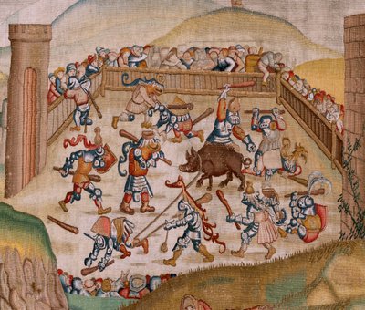 flamsk gobelin. Serie fire gobeliner efter Hieronymus Bosch. Sankt Martin (San Martín). Første gobelin i serien. Model Inspireret af Hieronymus Boschs arbejde. Fremstilling Ukendt værksted, Bruxelles. Før 1560. Stof Guld, sølv, silke og woo af Hieronymus (after) Bosch