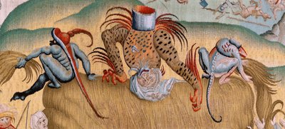 flamsk gobelin. Serie fire gobeliner efter Hieronymus Bosch. Trængsler i menneskelivet (Tribulaciones de la vida humana). Tredje gobelin i serien. Model Inspireret af Hieronymus Boschs arbejde. Fremstilling Ukendt værksted, Bruxelles. Før 1560 af Hieronymus (after) Bosch