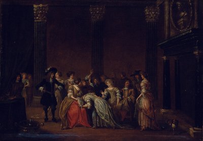 Et elegant firma i et interiør med en ægteskabsstrid (olie på lærred) af Hieronymus (follower of) Janssens