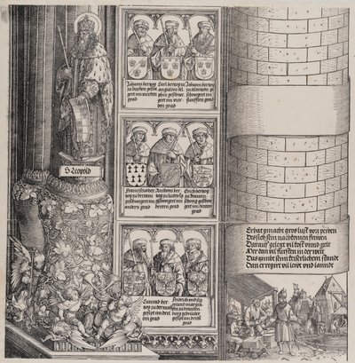 Maximilian som arkitekt, med en statue af St. Leopold og buster af Maximilians Ance..., 15171518. af Hieronymus Andreae