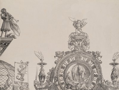 The Pinnacle of the Right Portal, og en trompetist og standard fra den centrale portal, fr..., 1515. af Hieronymus Andreae