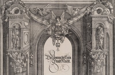 Den øvre del af indgangen til den centrale portal med en bevinget figur, der holder I..., 1515. af Hieronymus Andreae