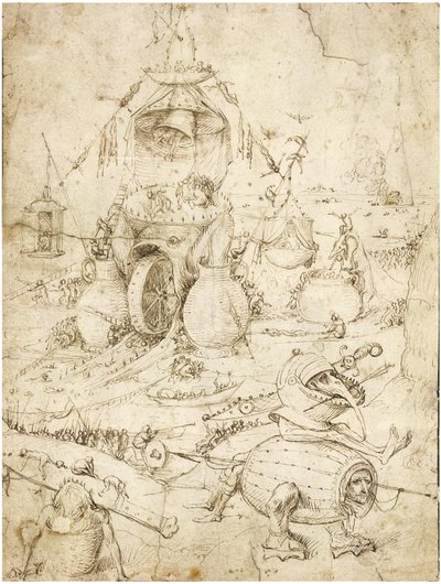 Infernalsk Landskab par Bosch, Hieronymus (ca. 1450-1516). Pen, brunt indisk blæk på papir, ca. 1500, Privat Samling af Hieronymus Bosch
