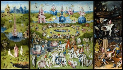 ""De jordiske glæders have"" Venstre panel: skabelsen af ​​Adam og Eva. Centralpanel: de elskende, der nyder frugterne. Højre panel: helvede. Tryptykon af Hieronymus Van Aeken (Aken) kendt som Jerome Bosch (1450-1516) af Hieronymus Bosch