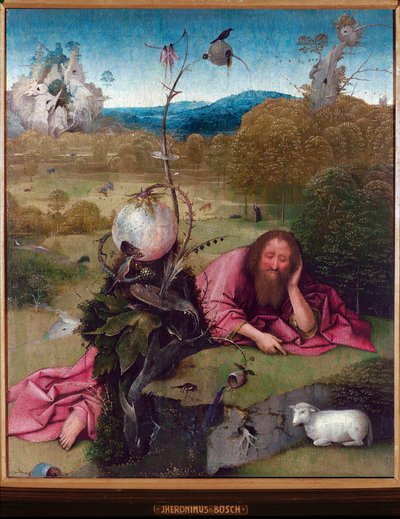 Sankt Johannes Døberen i ørkenen - Maleri af Jeronimus van Aken, af Jerome (Hieronymus) Bosch (ca. 1450 -1516), olie på træ, 48,5x40 cm, ca. 1489 - Madrid, Museo Lazaro Galdiano af Hieronymus Bosch