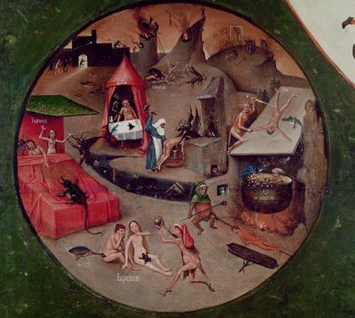 Bordplade af de syv dødssynder og de fire sidste ting, detalje fra helvede, ca. 1480 (olie på panel) af Hieronymus Bosch
