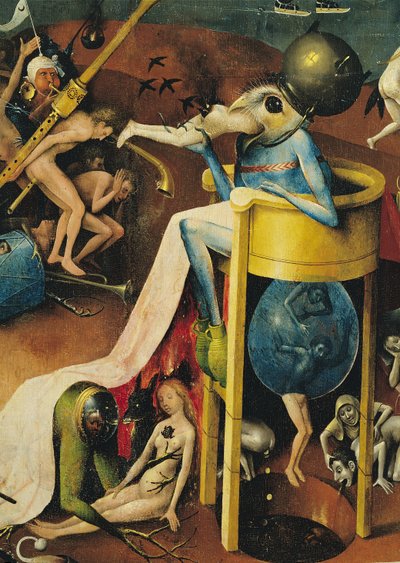 The Garden of Earthly Delights: Helvede, højre fløj af triptykon, detalje af blå fuglemand på en skammel, ca. 1500 (detalje af 3425) af Hieronymus Bosch