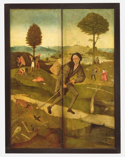 The Haywain, med paneler lukkede, der viser Everyman walking the Path of Life af Hieronymus Bosch