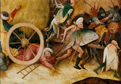 Høtanken eller høtriptykonen (høvogn): Centralpaneldetalje. Monsterfigurer, antropomorfe karakterer og en mand styrter under et hjul. Maleri af Hieronymus Van Aeken (Aken) dit Jerome Bosch (1450-1516) af Hieronymus Bosch