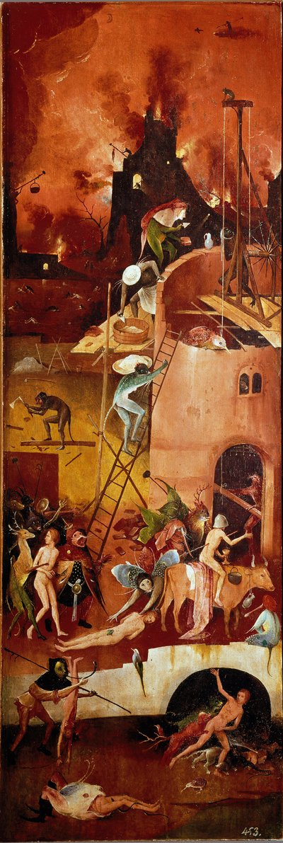 Høtryptikeren: infernalske konstruktioner. Højre indvendigt panel. Maleri på træ af Hieronymus Van Aeken (Aken) dit Jerome Bosch (1450-1516) 1500-1502 Dim. 140x232 cm Ægte Monasterio de El Escorial, El Escorial, Spanien af Hieronymus Bosch