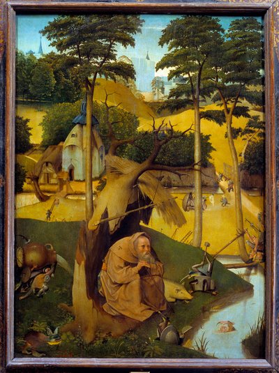 Fristelsen af Saint Anthony er eremitten Saint Anthony den store (251-356) (eller Saint Anthony eremitten eller Saint Anthony Abbe) udsat for fristelserne fra djævelen i ørkenen. Maleri af Hieronymus van Aeken (AKEN) DIT Jerome Bosch (1450- af Hieronymus Bosch