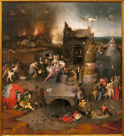 Triptykon af fristelser - central del: Sankt Antonius den Stores fristelse (eller Sankt Antonius Eremit eller Sankt Antonius Abbe. Maleri af Hieronymus Van Aeken (Aken) dit Jerome Bosch (1450-1516), olie på træ, omkring 1500 ( Triptykon af temptat af Hieronymus Bosch