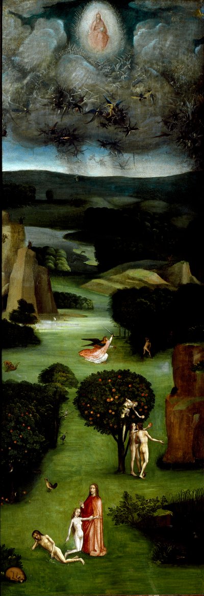 Tryptic of the Last Judgment (Das Weltgerichts-Triptychon): venstre panel, der repræsenterer Adam og Eva i paradis. Fra bund til top: Evas skabelse (fødsel), fristelsen af Adam og Eva (arvesynd) og deres udvisning fra Edens have. Top: af Hieronymus Bosch