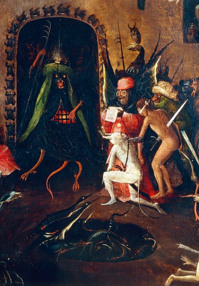 Tryptic of the Last Judgement, højre panel. Helvede med halvt menneske, halvt dyr monstre. Detalje (maleri på træ, ca. 1504) af Hieronymus Bosch