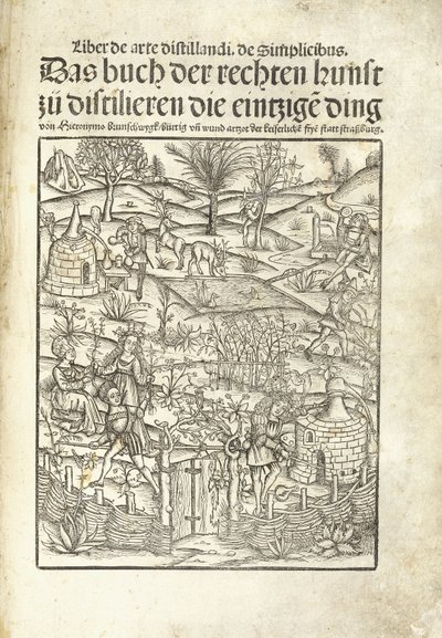 Titelblad, der illustrerer urtedestillerier med figurer i et landskab af Hieronymus Brunschwig