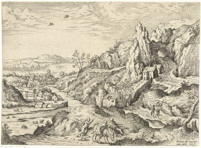 Abraham og Isak på vej til offerstedet Landskaber med bibelske og mytologiske scener (serietitel) af Hieronymus Cock