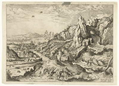 Abraham og Isak på vej til offerstedet Landskaber med bibelske og mytologiske scener (serietitel) af Hieronymus Cock