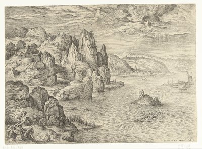 Kystlandskab med Hero og Leander Hero og Leander Landskaber med bibelske og mytologiske scener (serietitel) af Hieronymus Cock