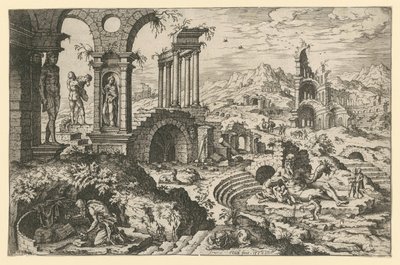 Den hellige Hieronymus i et ruinlandskab af Hieronymus Cock