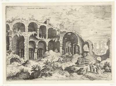 Tredje udsigt over Colosseum i Rom Kolosser til prospekt vs (titel på objekt) Romerske ruiner (serietitel) af Hieronymus Cock