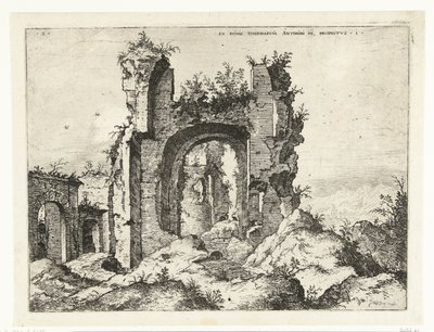 Første udsigt over Caracalla-badene Ex Rvinis Thermarvm Antonii Pii (...) (titel på objekt) Romerske ruiner (serietitel) af Hieronymus Cock
