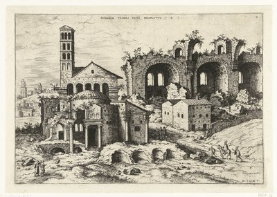 Udsigt over Romulus-templet og Konstantins basilika Rvinarvm Templi Pacis (...) (titel på objekt) Romerske ruiner (serietitel) af Hieronymus Cock