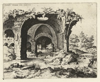 Udsigt over en ruin i Rom Incerte cvvs dam irvine prospekt (titel på objekt) Romerske ruiner (serietitel) af Hieronymus Cock