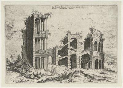Udsigt over Septizonium og Colosseum i Rom Septizonii Severi Imp (...) (titel på objekt) Romerske ruiner (serietitel) af Hieronymus Cock